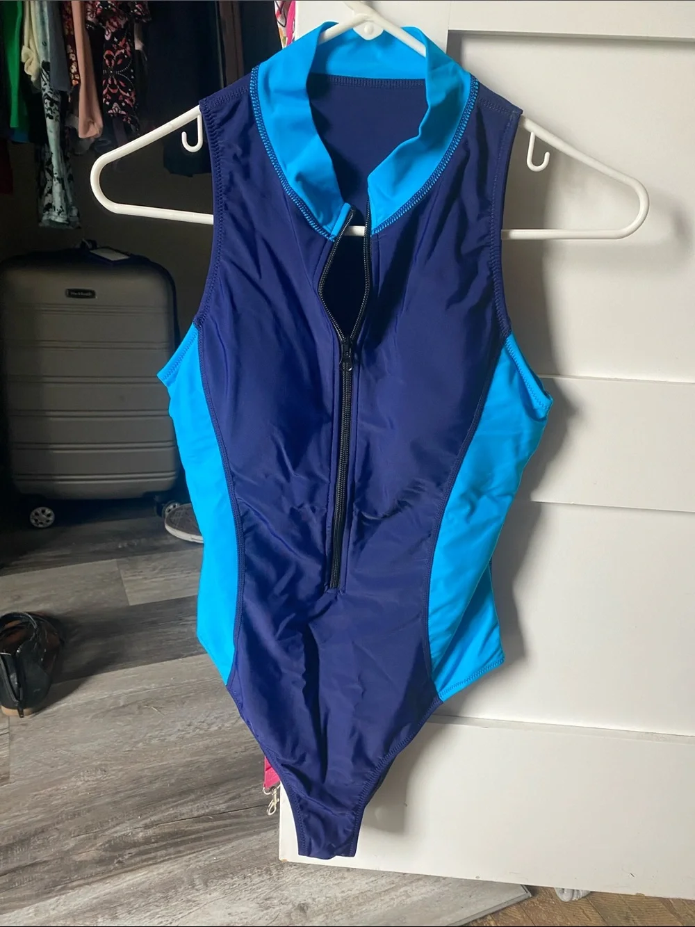 Womans Navy and Bright Blue Zipper Front One-Piece Swimsuit new with no tags